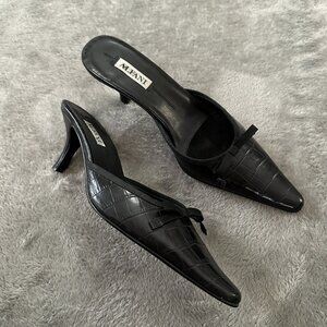 Vintage Alfani Black Leather Pointed Toe Bow Kitten Heels Mules 6.5 Shoes
